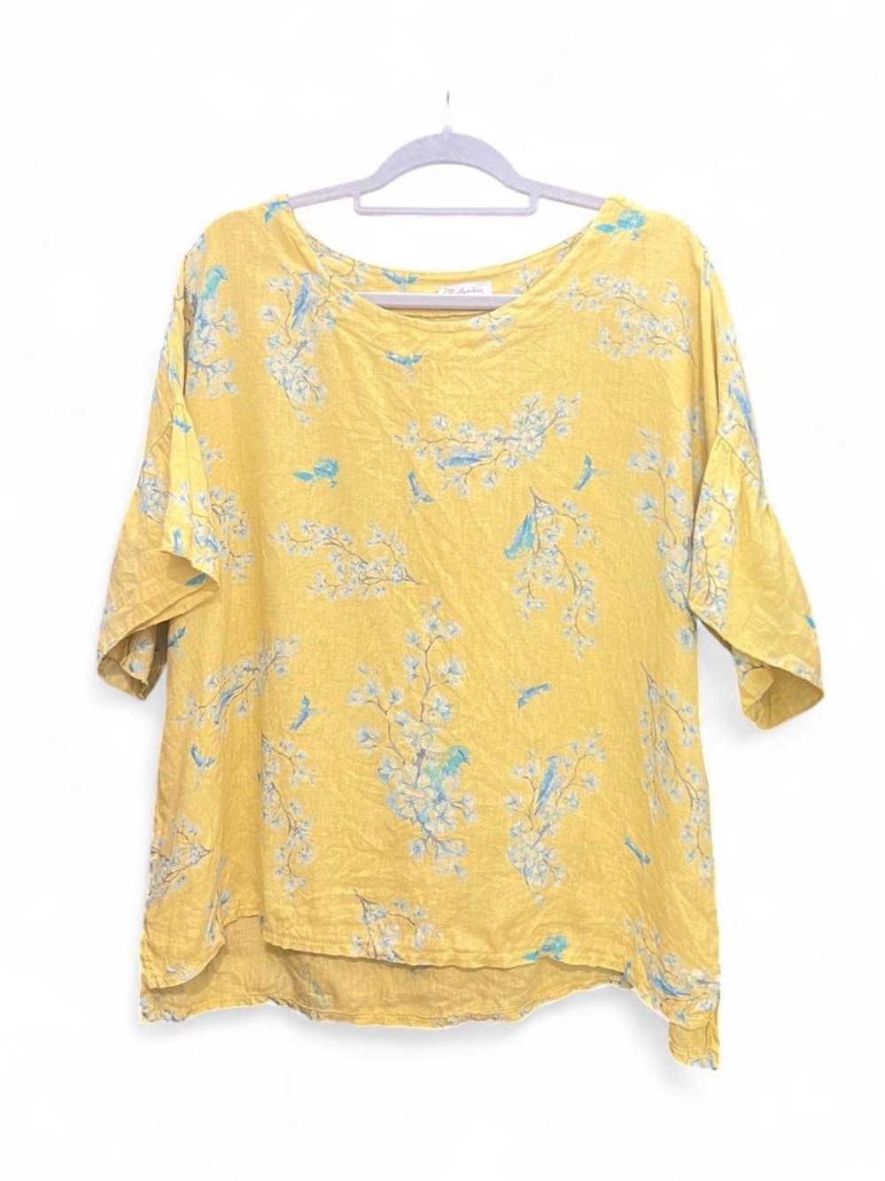 Bellambia Linen Lightweight Yellow Blue Birds Floral Pullover
